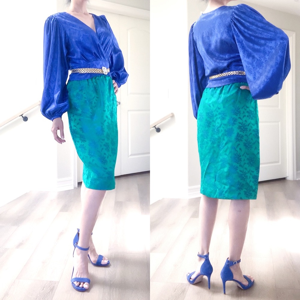 🔵 Ronny Kobo Royal Blue Damask Pattern Satin Eugenia Crop Top Blouse NEW… - Picture 3 of 11